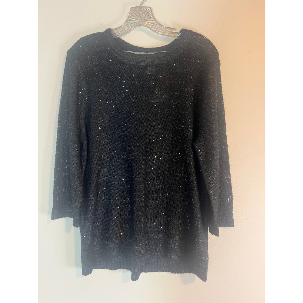 Choices Womens Black Sequin Knit Sweater Crew Neck 3/4 Sleeve JSOU0597 Large New